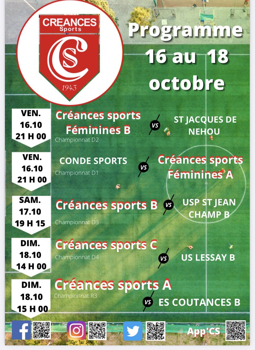 CreancesSports's tweet photo. 📅 PROGRAMME 📅

👉🏻4 matchs au Stade Robert Lelièvre ce week-end 💥

Les 2 équipes féminines ouvrent le bal des rencontres du week-end dés ce soir à 21h 💪🏻

🔥 Derby pour la C face à Lessay dimanche à 14h ! 🔥

📲 Scores à suivre en direct « Supporter CS » Messenger

#FORZACS⚪️🔴 https://t.co/JqFN3vOTGK