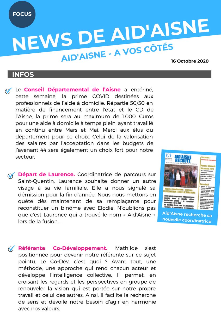 DVillaAidAisne's tweet image. FOCUS A VOS COTES... 
Cette quinzaine :
1/ la prime COVID du CD de l'Aisne pour les intervenantes
2/ le départ de Laurence, #coordinatrice de parcours, #care manager et son remplacement en fin d'année
3/ la référence Co-développement portée par Mathilde, notre #ergothérapeute
