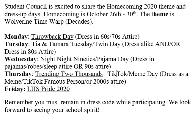 LHS Homecoming 2020 Dress-Up Days #WolverineTimeWarp2020 <a href="/lavergnestuco/">LHS Student Council</a> <a href="/LHSintheNews/">LaVergne High School</a>