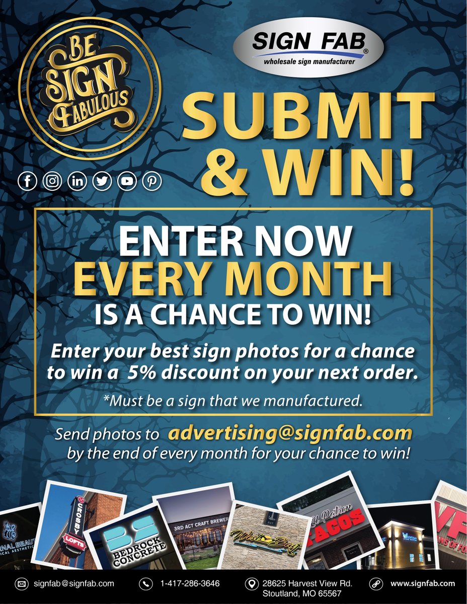 SignFabInc's tweet photo. Enter our #BeSignFabulous photo contest! You could be the lucky winner... email advertising@signfab.com to enter!
**Sign must have been manufactured by us.**
#Channelletters #signs #signage #photocontest #welovesigns #signsales #wholesalesignmanufacturer #signshop https://t.co/Pn6Z44AxS1