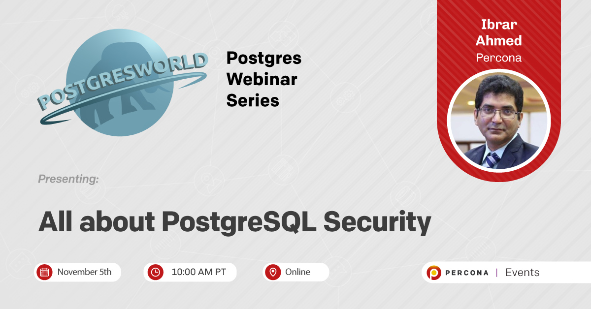 PerconaBytes's tweet photo. "All about PostgreSQL Security" by Ibrar Ahmed (@ibrar_ahmad, @Percona) at Postgres Webinar Series (@PGCon) on Thursday, November 5
https://t.co/h4cEslGKfk
#Postgres #PostgreSQL #SQL #Percona #Databases #PGCon https://t.co/Jyw9oo3GoN