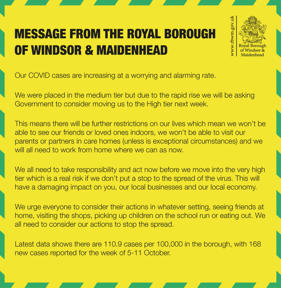 Cllr Andrew Johnson, leader of the council, says: “Our COVID cases are increasing at a worrying and alarming rate." See the full statement here rbwm.gov.uk/news/statement…