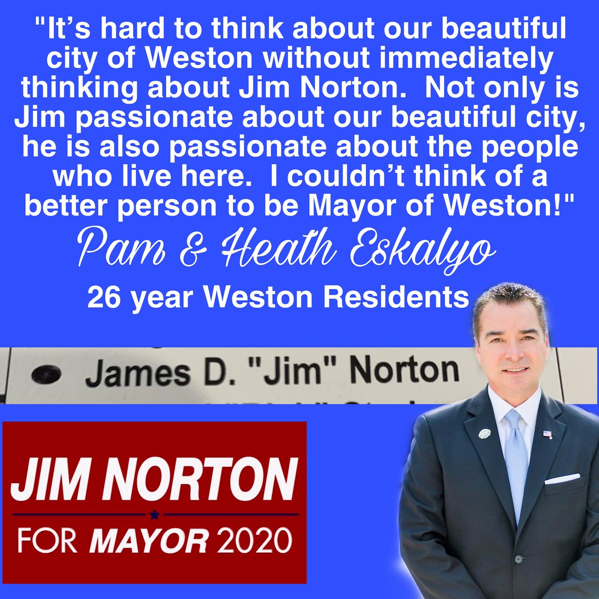 #KeepPartisanPoliticsOutOfWeston
#Grateful #NortonInNovember
#JimNorton #VoteJimNorton #WestonMayor
#Weston #WestonFlorida
#WestonianParty
#JimNorton2020
#MunicipalExperience #CommunityService #Leadership #Vote2020 

Approved by Jim Norton for Mayor