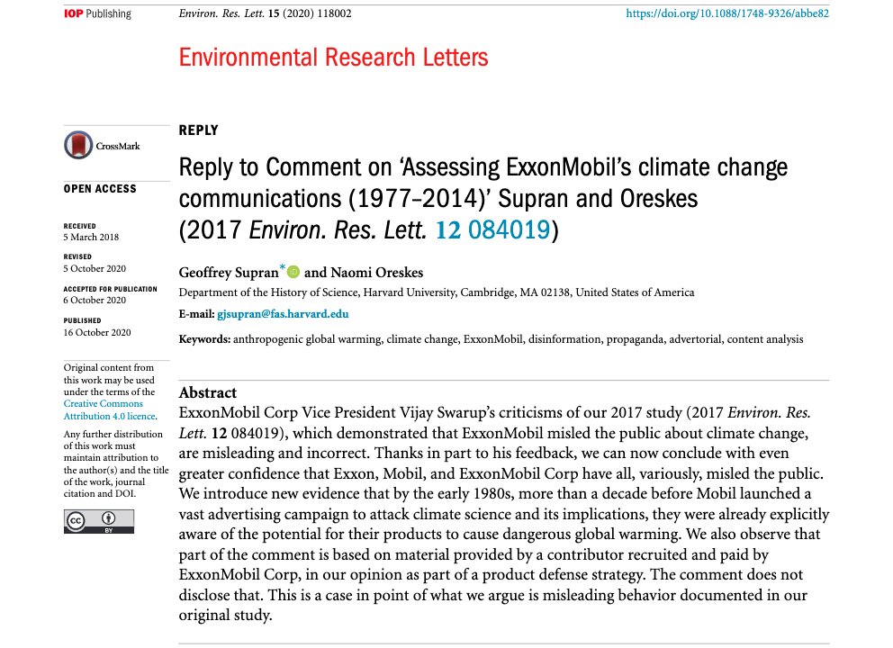 ExxonMobil just attacked our 2017 research study, in which I and  @NaomiOreskes showed they misled the public about climate change.Here's our peer-reviewed response:  http://bit.ly/ExxonReply .THREAD.