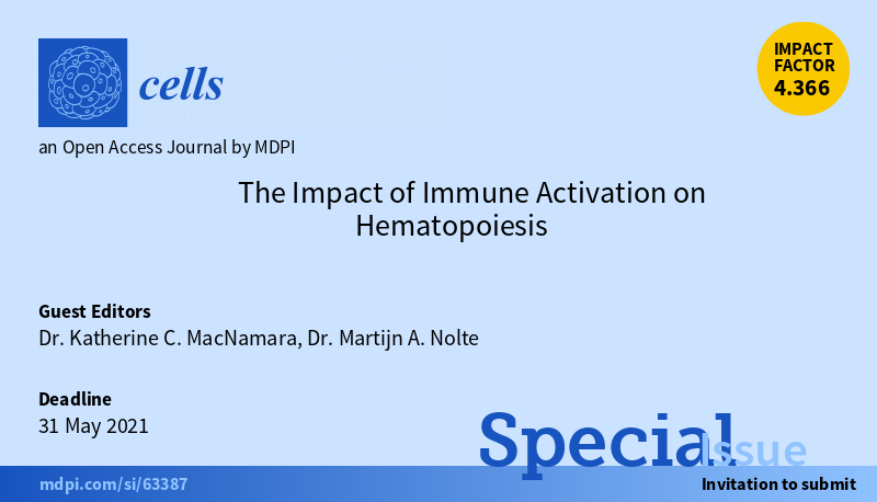 Happy to announce that <a href="/MacNamaraLab/">Kate MacNamara</a> and I host a special issue from Cells on "The Impact of Immune Activation on Hematopoiesis". 
Now open for submission: mdpi.com/si/63387 #mdpicells via <a href="/MDPIOpenAccess/">MDPI</a> #immune #Infection #hematology  
Please Retweet!