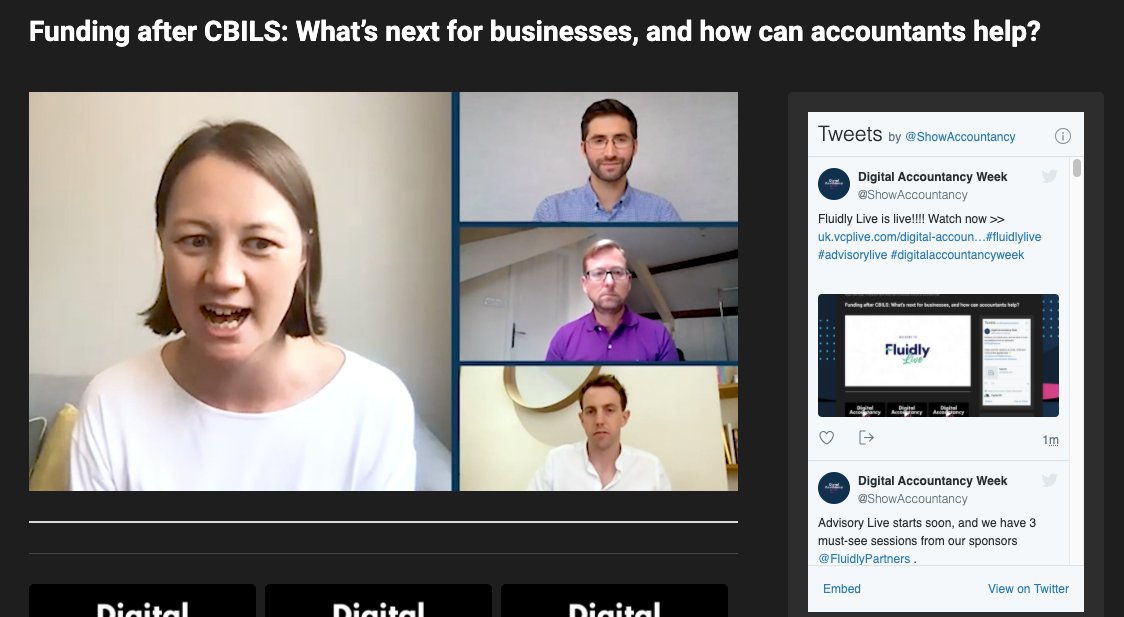 FluidlyPartners's tweet photo. LIVE NOW - Fluidly Live at Digital Accountancy Week! 📹

Session #1 - Funding after CBILS: What’s next for businesses, and how can accountants help? 🎤

Watch our sessions taking place here - https://t.co/CtP6WGB41m

#digitalaccountancyweek https://t.co/gPhyVHrzt6