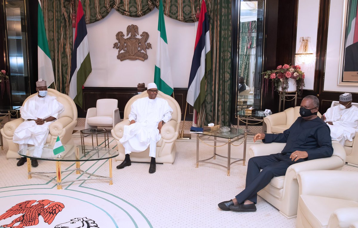 Pres @MBuhari receives the Nigeria Permanent Representative and  immediate Past Pres of the 74th Session of the United Nation General Assembly, (UNGA), @BandeTijjani accompanied by the Minister of Foreign Affairs, Mr @GeoffreyOnyeama during a courtesy visit at the State House