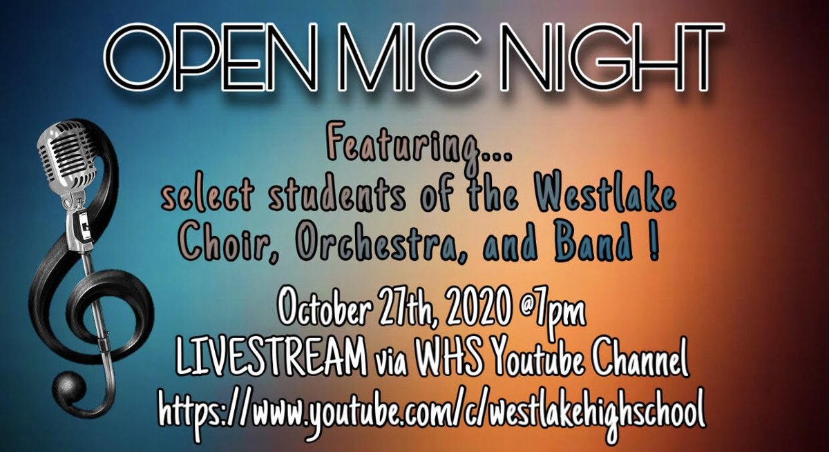 Make sure you tune in Tuesday, October 27 at 7PM as the Westlake Music Department presents a Virtual Fall Open Mic Night! It will be LIVESTREAMED via the <a href="/Westlake_HS/">Westlake High School</a>  Youtube Channel! Make sure you tune in and watch the amazing talent of our Westlake Students! <a href="/FineArtsCCPS/">Charles County Public Schools Fine Arts</a>