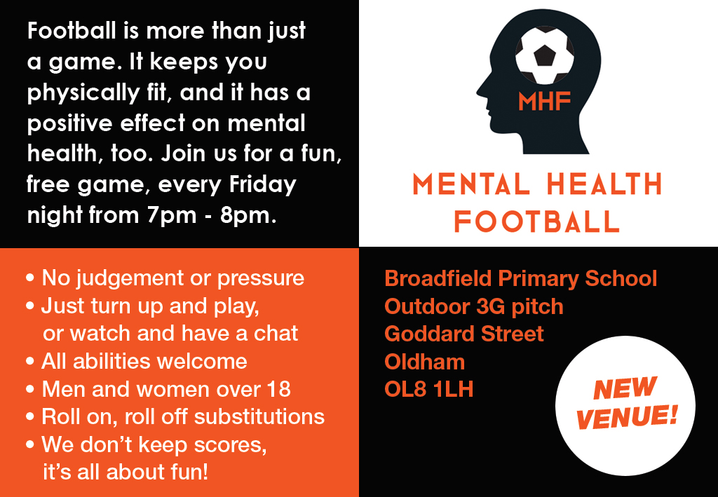 Join us for Mental Health Football tonight, 7-8pm, on the 3G pitch at our new venue, Broadfield Primary School, Oldham OL8 1LH.

No pressure, no judgement, no expectations. Play, or watch and have a chat. Newcomers are welcome.

#mentalhealth #MentalHealthMatters #footballtherapy