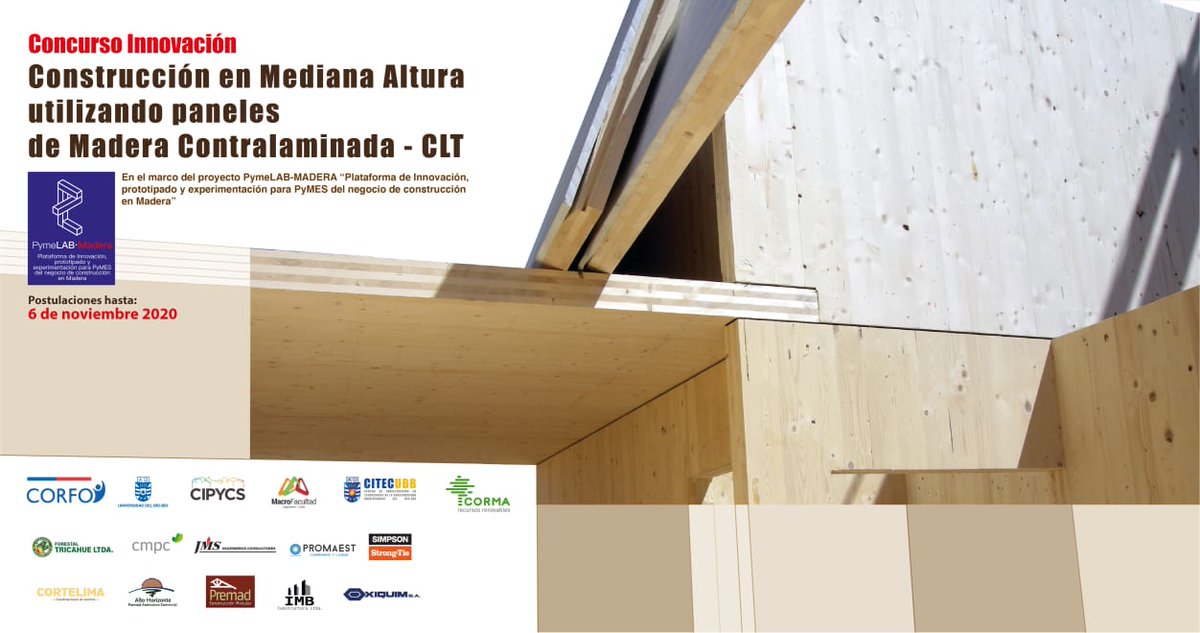 cormachile's tweet photo. Los invitamos a participar del concurso de innovación “Construcción en Mediana Altura Utilizando Paneles de Madera Contralaminada”, organizado por #PymeLAB-Madera, de Innova Chile @Corfo y la @ubbchile.
Todos los detalles y postulaciones aquí👉 https://t.co/3m1iKVgZH3 https://t.co/BIiHRb9aiW