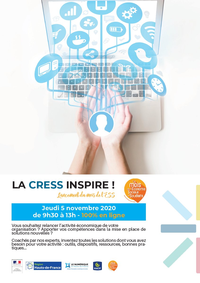CressHdf's tweet image. [Lancement du Mois de l'ESS 2020] 
La @CressHdf et ses partenaires organise "la CRESS inspire", un idéathon pour relancer l'activité économique des entreprises de l'ESS ! 
🗓️ Le 5 novembre 2020
⏲️à partir de 9h30
🌍 En visio

Pour s'inscrire, c'est ici ➡️ framaforms.org/inscription-la…