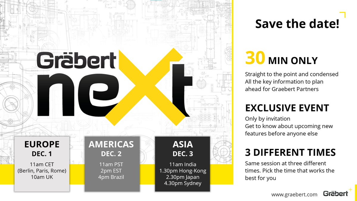 🌟Save the date! Graebert is announcing #GraebertNeXt, a 30min online event replacing the Graebert Annual Meeting. This first event is for Graebert partners &amp; guests. Another event open to all will follow in Spring 2021 for the public release of the #ARES #CAD software.