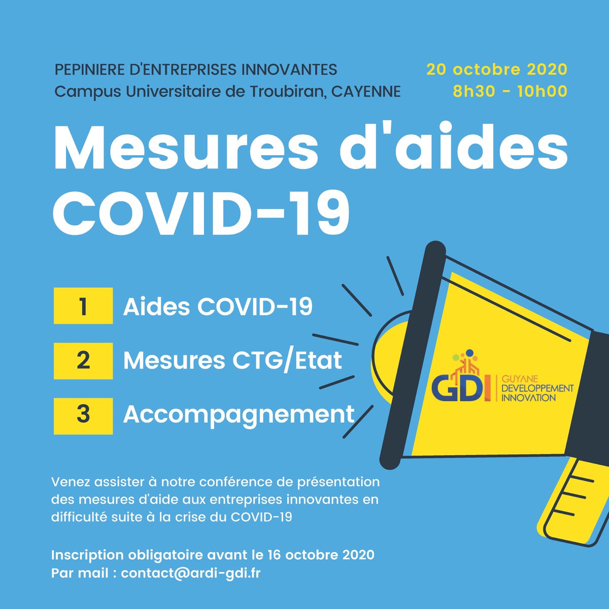ARDI_GDI's tweet photo. Mardi 20 octobre à @ARDI_GDI, venez assister à notre conférence de présentation des mesures et aides aux entreprises innovantes en difficulté suite à la crise #COVID19. L'occasion de bénéficier d'un accompagnement de nos experts de la pépinière !
📍RDV le 20 octobre à GDI 🕗 https://t.co/JyUg0afSXt