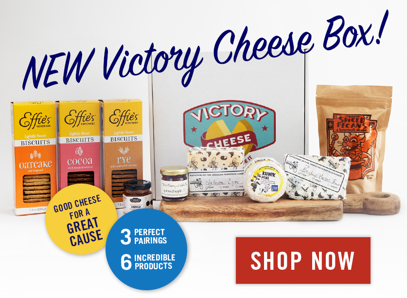 We're thrilled to debut our newest Victory Cheese Box, The American Cheese Society Box! Includes three custom pairings of Saxelby Cheese, Effie's Biscuits, and our favorite accompaniments! 10% of profits go the American Cheese Society. Eat Great Cheese, Support a great Cause!