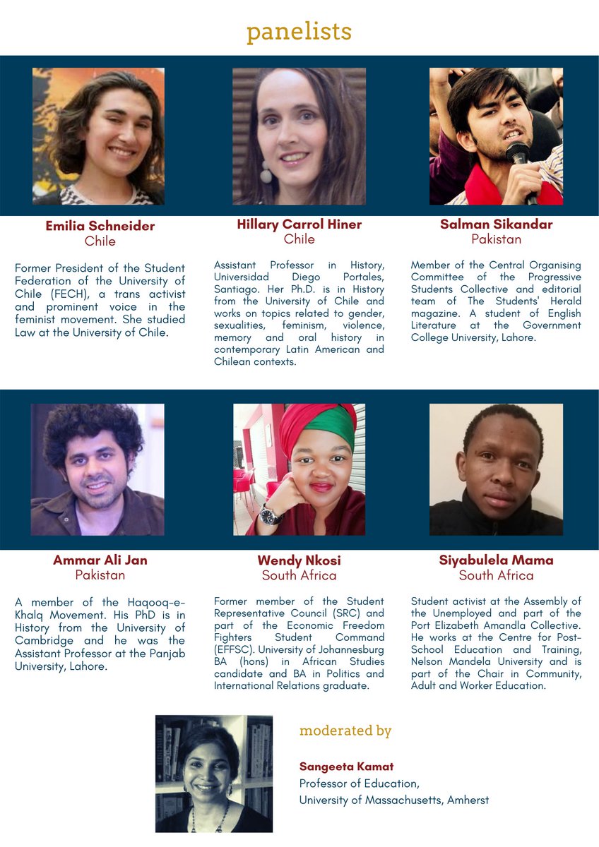 fcwsrc's tweet image. This tricontinental webinar brings together student leaders and educators from Chile, Pakistan and South Africa for a conversation on the lessons learnt from organizing for educational justice.