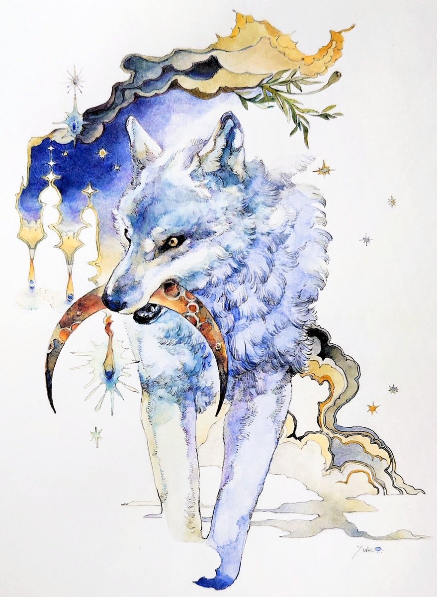 no humans traditional media animal focus wolf painting (medium) watercolor (medium) yellow eyes  illustration images