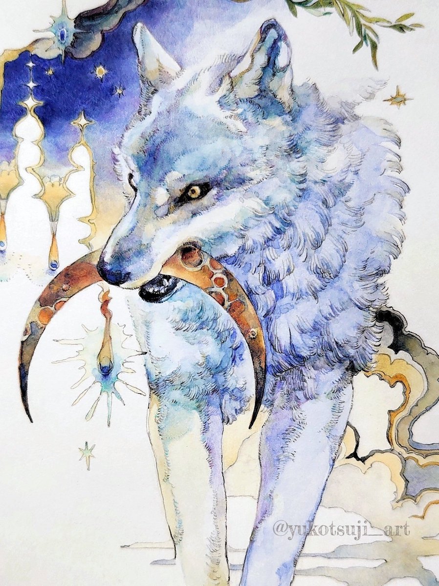 no humans traditional media animal focus wolf painting (medium) watercolor (medium) yellow eyes  illustration images