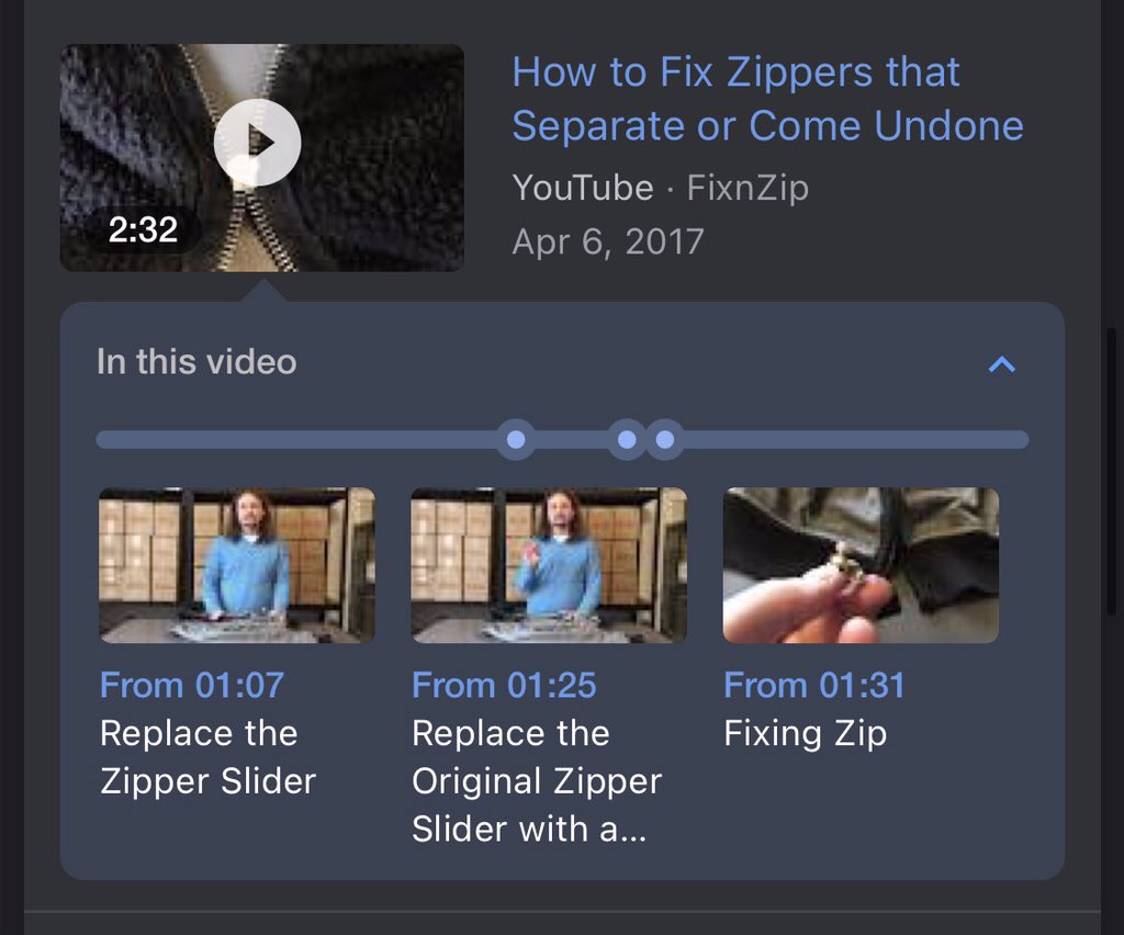 Video update similar to Passages where Google can analyze and index individual sections of a video. Already saw this live yesterday when I searched "zipper repair" and got a video with several sections tagged and linked to for various aspects of the repair 6/8
