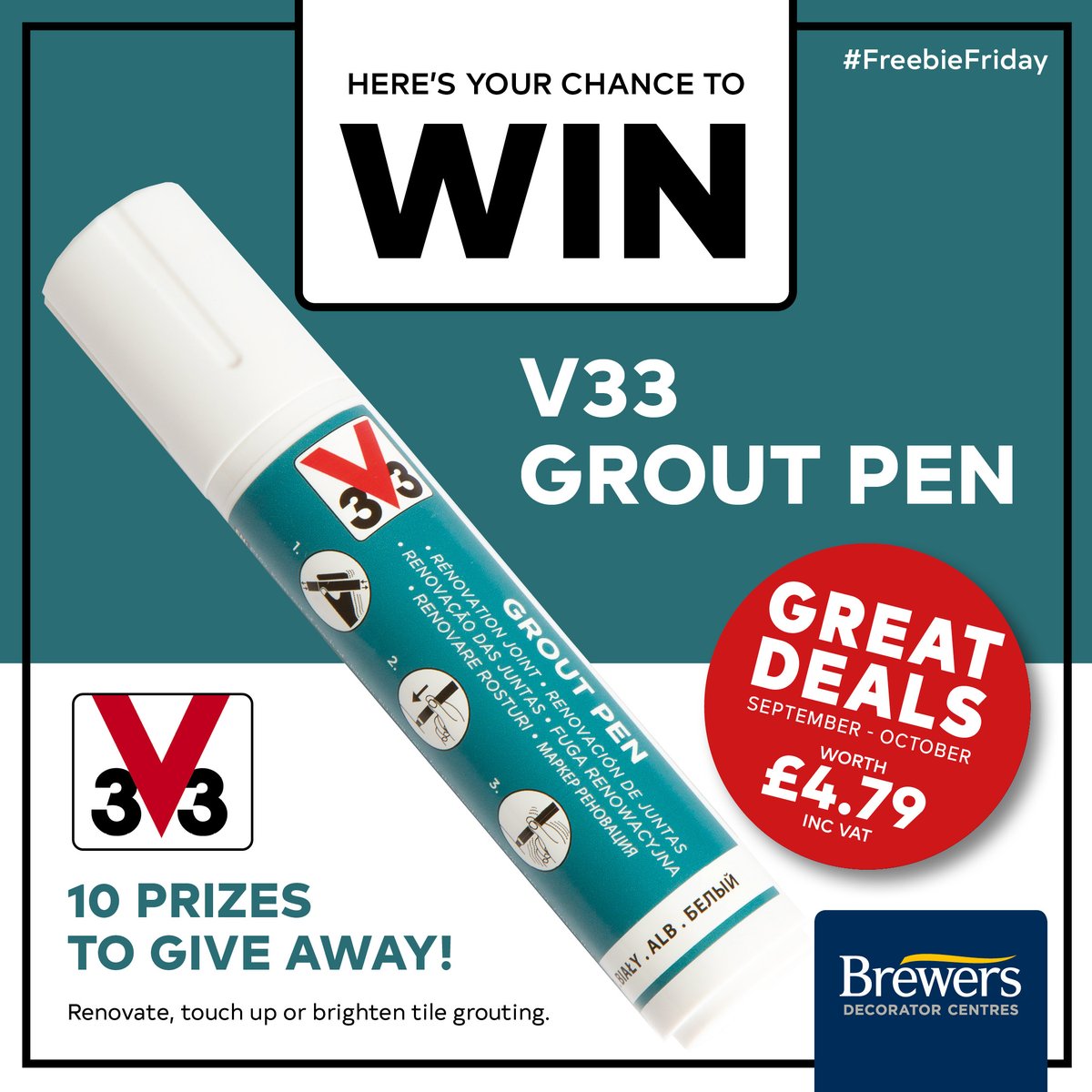 Brewerspaints's tweet image. It's #FreebieFriday time! For your chance to #WIN a V33 Grout Pen, all you need to do is like, follow and RT! Competition closes at midday 23/10/20. 10 winners will be selected at random after this date. Good luck!