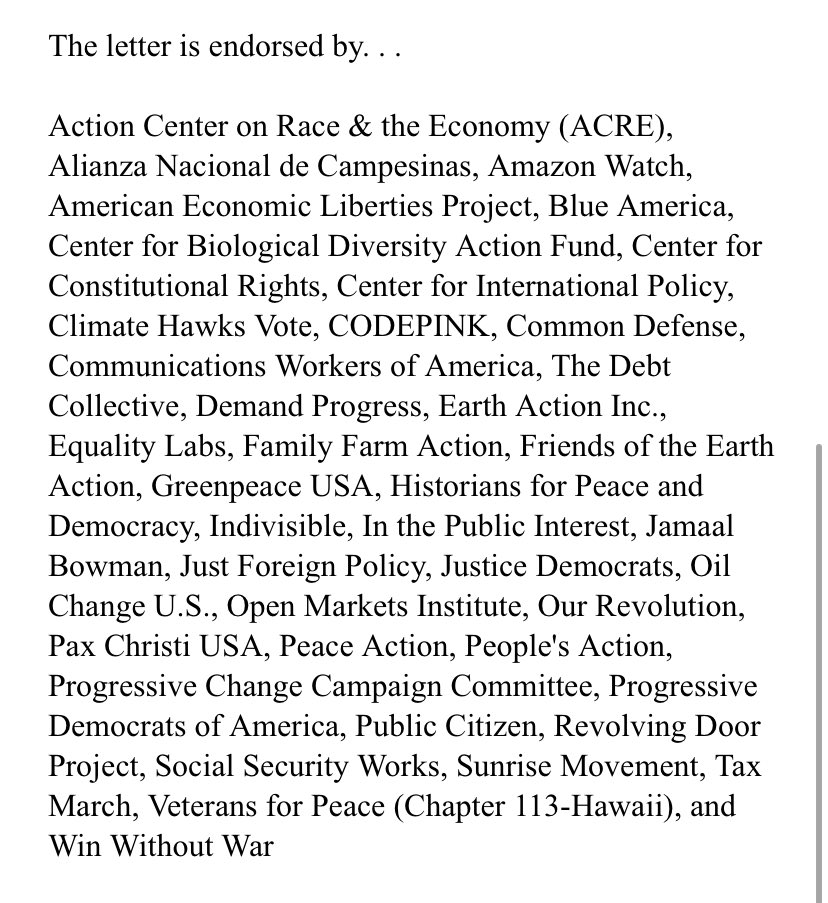 Here’s the full list of members of congress who signed and the 39 progressive groups which include CWA,  @IndivisibleTeam,  @OurRevolution, PCCC