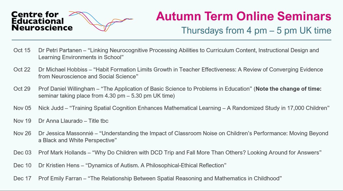Delighted to announce our autumn term online seminars! 

Lots of exciting talks this term covering a range of topics at the intersection of neuroscience, psychology, and education. All talks are open to the public and free to attend!

Registration here: tinyurl.com/tucbkoo