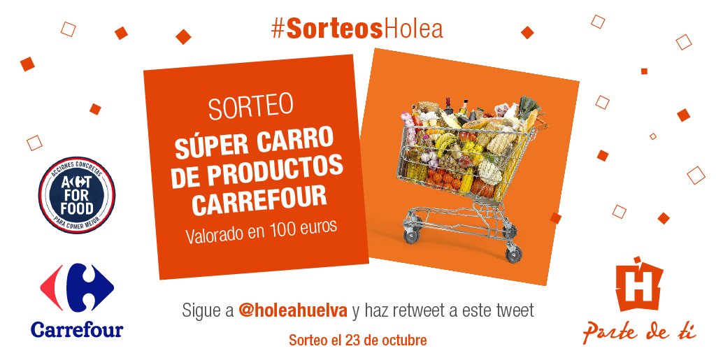 HoleaHuelva's tweet photo. 💥 ¡SORTEO SÚPER CARRO DE PRODUCTOS DE CARREFOUR! 💥
🛒 Participa en el #sorteo de un carro valorado en 100€ de productos de #CarrefourHuelva con solo
- Seguir a @HoleaHuelva
- Hacer retuit a este tuit
Bases 👉 https://t.co/NPSsf0jW28
#Holea #HoleaHuelva #Huelva #SorteosHolea https://t.co/jtPZWljeRM