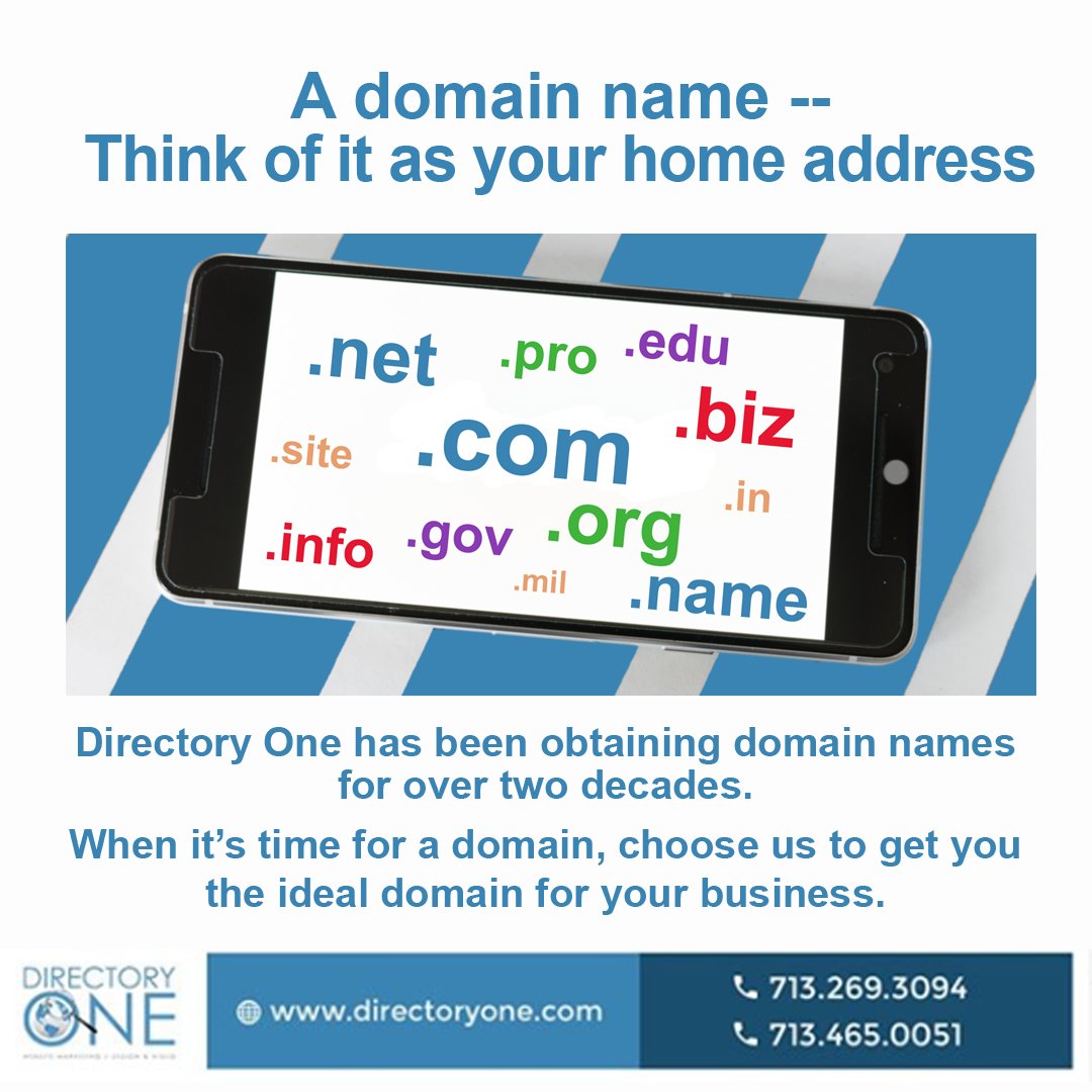 DirectoryOne's tweet image. Directory One has obtained thousands of domain names for businesses around the world.  
When it’s time for a domain, choose us to get you the ideal domain for your business.  Visit https: bit.ly/2Ypoc4E or call 713-465-0051

#DomainNames #SEO #GetDomainName #Websites
