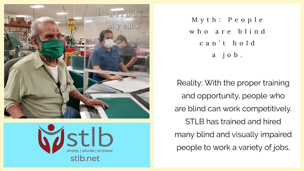 SouthTXBlind's tweet photo. STLB Blind Myth : People who are blind can't hold a job.
Reality: With the proper training and opportunity, people who are blind can work competitively.  STLB has trained and hired many blind and visually impaired people to work a variety of jobs.
IMAGE: STLB's Wally Serrano https://t.co/Q9Df2YdzYh