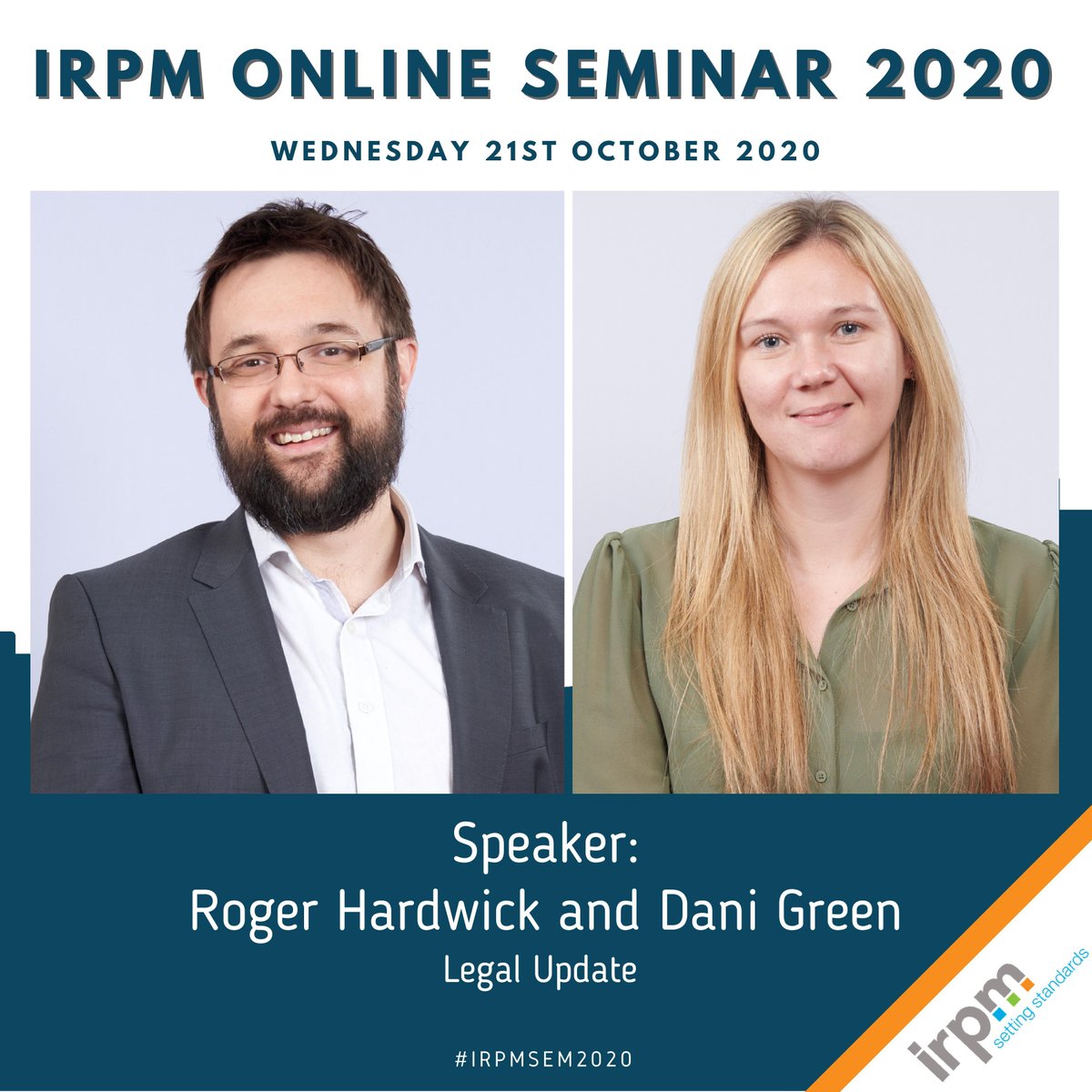 IRPMONLINE's tweet photo. #IRPMSem2020 speaker announcement: Roger Hardwick & Dani Green
We are happy to announce that Roger and Dani will be #speakers at our #seminar providing us with #Legal #Updates.
#IRPM #PropertyNews #IRPMSem #Property #seminar #Members #news #LegalNews #LegalUpdates #regulation https://t.co/5b6sO2Hnx4