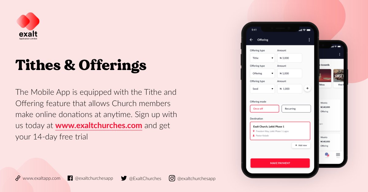 ExaltChurches's tweet photo. The Tithes and Offering feature is available on our mobile App. 
Get it now on Google Playstore and the iOS AppStore.

You can also visit our website https://t.co/x9iEGY9kAn to learn more about this feature. https://t.co/lKLJJK4pIb