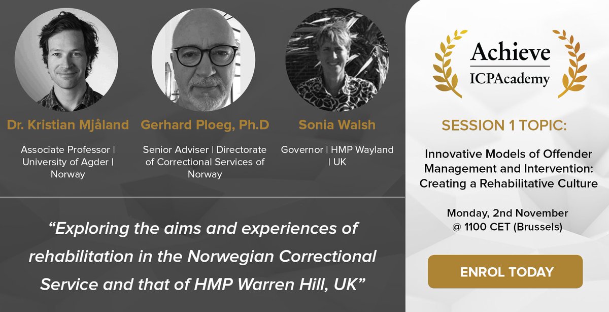 icpaadvancing's tweet photo. ‘Exploring the aims and experiences of rehabilitation in the Norwegian Correctional Service and that of HMP Warren Hill in UK’ 📅Monday, 2nd November at 1100 CET (Brussels)🌐https://t.co/KMh711pe6X
#ICPALearningAcademy #OffenderManagement #Rehabilitation #ICPAAchieve2020 https://t.co/7QWZcoUX8E