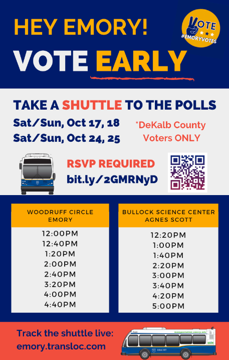 EmoryPolisci's tweet photo. Do you need a ride to early voting this weekend? If you're on (or near) campus and registered to vote in DeKalb County, you can take one of the #EmoryVotes Initiative shuttles to the Agnes Scott early voting location! Sign up information below: https://t.co/xFW7emB2Rw