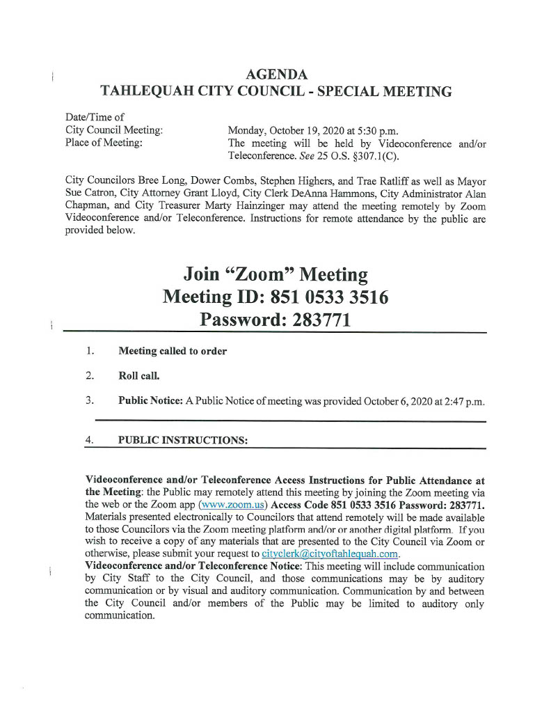 CityofTahlequah's tweet image. The next City Council meeting has been scheduled for 5:30 p.m. on Oct. 19 via Zoom