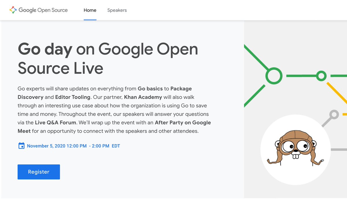 jboursiquot's tweet image. This looks cool. It's a great opportunity to get to know #golang a little if you've been curious. Check it out!
Go day on Google Open Source Live opensourcelive.withgoogle.com/events/go
