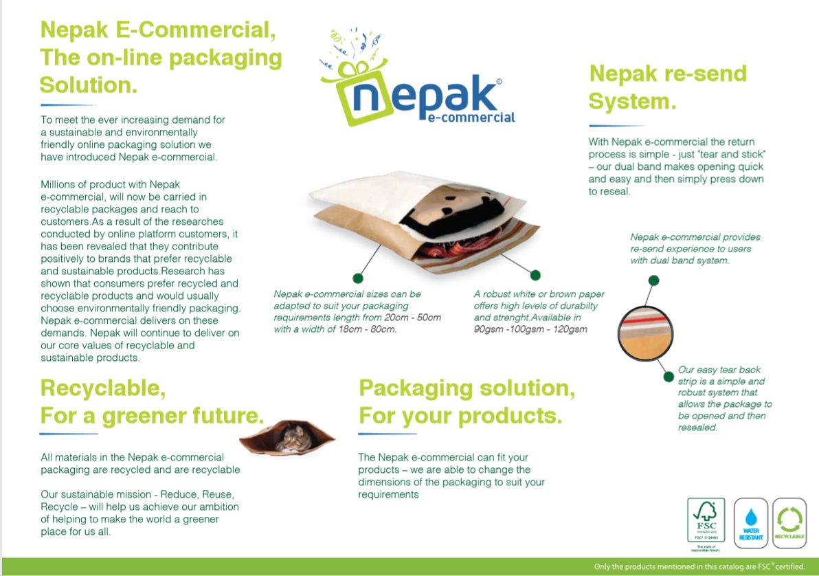 JaggerFowlerWL's tweet image. I would like to welcome Nehir Kağıtçılık who are going to be exhibiting at The Online Retail Sourcing Show showcasing their brand Nepak.

Nepak E-commercial was created to meet the ever increasing demand for a sustainable and environmentally friendly online packaging solution.