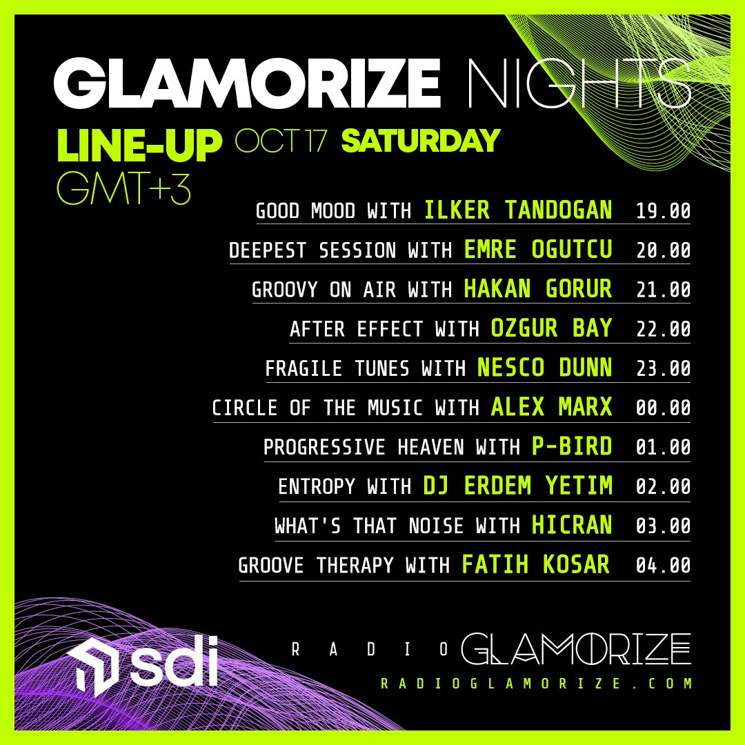 Ilker Tandogan, Emre Ogutcu, Hakan Gorur, Ozgur Bay, Nesco Dunn, Alex Marx, P-Bird, Erdem Yetim, Hicran and Fatih Kosar will be the guests of radioglamorize.com with their DJ-Set performances on 17 October at Glamorize Nights.   
radioglamorize.com/popup-player/
