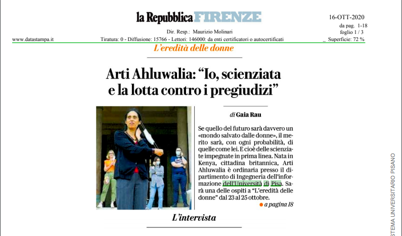 DII_Pisa's tweet photo. Su @rep_firenze Arti Ahluwalia, docente di #biongegneria al #DII, su #donne, #scienza e pregiudizi. Ascoltatela sabato 24 ottobre alle 17.20 a l'"Eredità delle Donne" #EDD2020 @Unipisa @CPiaggioUniPisa https://t.co/5uXQaoOmNK https://t.co/58hAJ932cW
