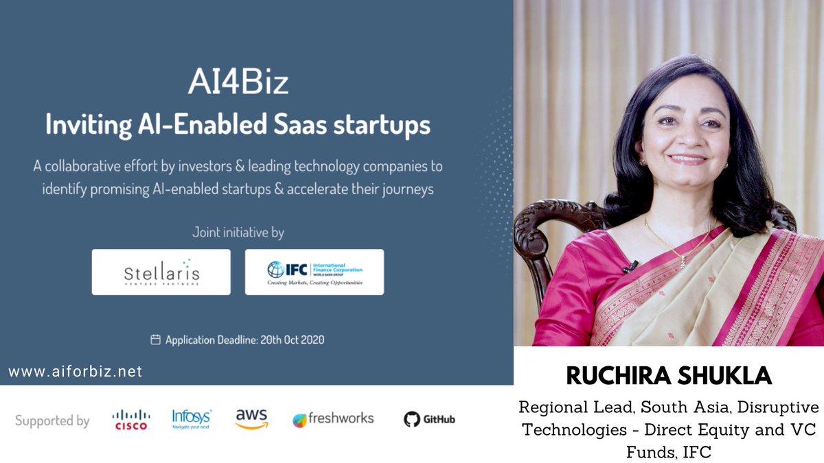 Stellaris_VP's tweet image. #MeetTheJury at #AI4Biz

@RuchiraShukla oversees investments in early stage technology businesses as well as VC Funds at @IFC_SouthAsia, &amp;amp; represents @IFC_org on the boards of several startups and LP advisory committees. Previously, Ruchira ran IFC’s South Asia business in TMT