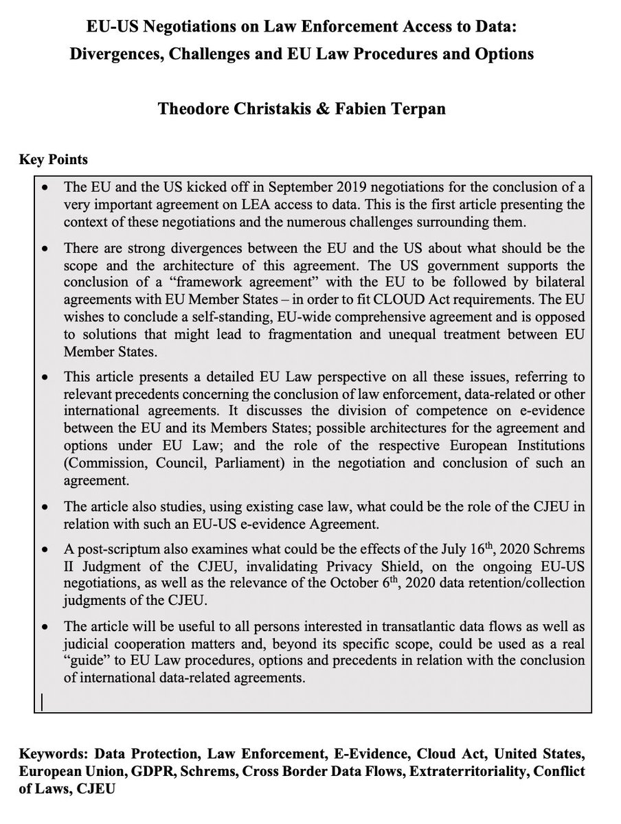 😊 Fantastic News! 🥂 Our study on EU🇪🇺US🇺🇸 negotiations for major agreement on LEA access to data has been accepted for publication wth International Data Privacy Law (@OUPLaw) ranked 5th in the Law category wth a huge impact factor! #eEvidence #CloudAct #SchremsII #GDPR 👇