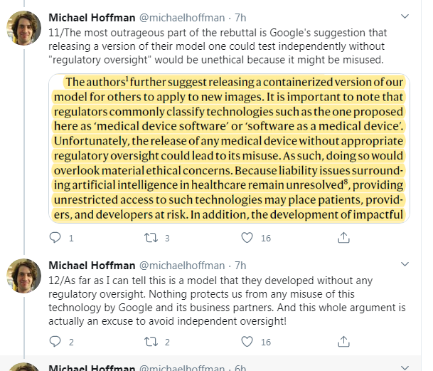 He then claims that Google is hiding their model behind a regulatory smokescreen.Do you know why they didn't need regulatory oversight to develop their model? Because *they never applied it to patients*. This test was in-silico!10/12