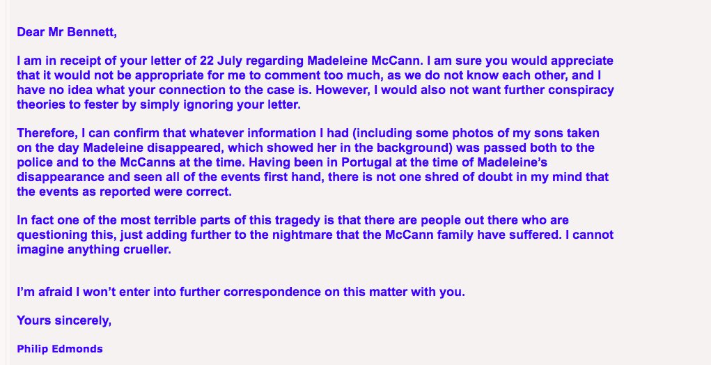 njbennett's tweet photo. @zampos @chickienob @DarenTC @brianstockport @lordspencer @metpoliceuk Then you've got the photos that Philip Edmonds claims to have taken of Maddie on her so-called last day, May 3rd.
PE claims to have sent them to K&G #McCann + the police, but the PJ never got them + they never appeared in the multimedia campaign.
Same Q, why?
Same answer. https://t.co/PRWPk5ouwq