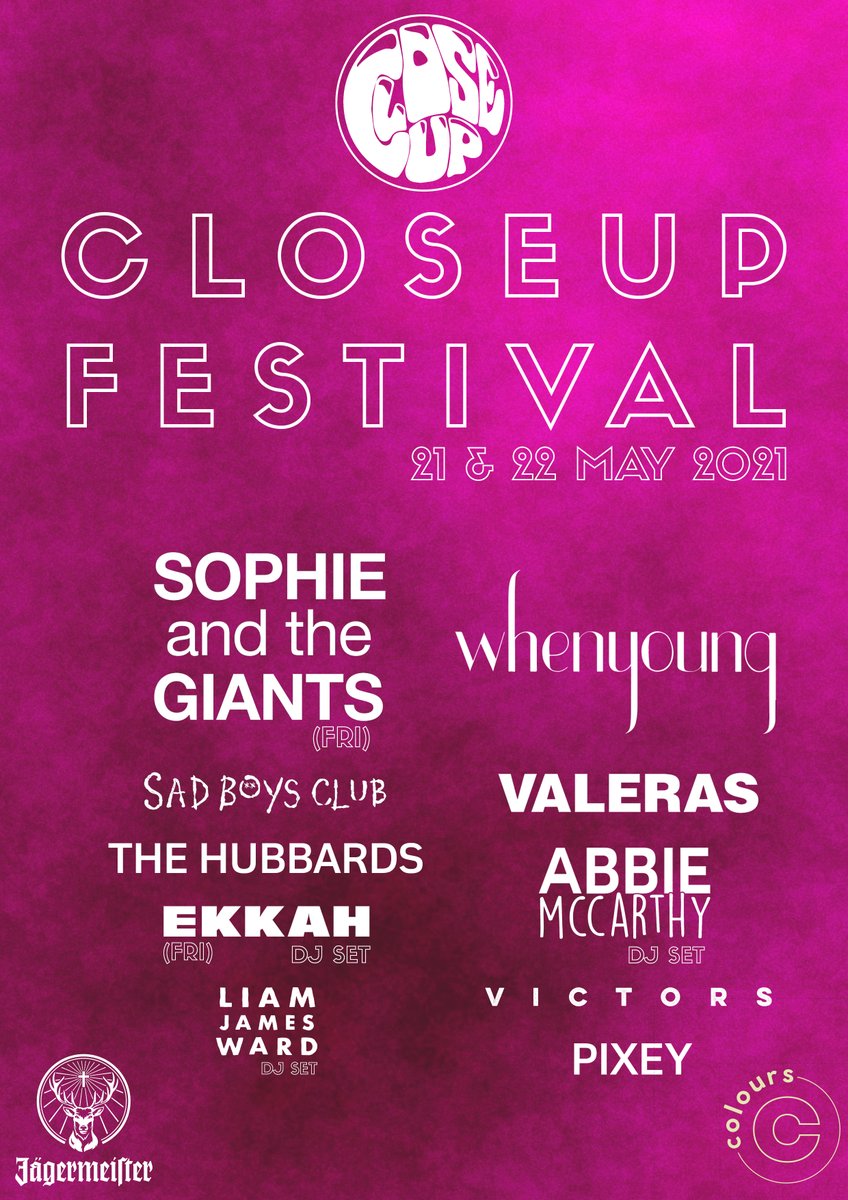 Closeuppromo's tweet photo. NEW :: CloseUp Festival 2021 (w/ @JagerUK). @ColoursHoxton. 21 &amp; 22 May.

FRI :: @SandTGofficial + @EKKAH (DJ)

SAT :: @whenyoungband + @AbbieAbbiemac (DJ) + @sadboysclb + @valerasband + @thehubbards + @pixeyofficial + @victorslive + @lmjwd (DJ)

Tier 1 on sale via @TicketWebUK. https://t.co/5MtDkWaz2y