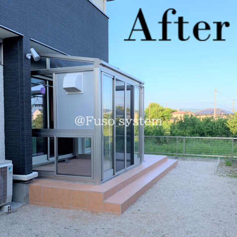 ট ইট র フソーシステム株式会社 サンルーム設置 お天気を気にせず洗濯物を干すことができます 空気がこもらないように換気扇をつけるのもおすすめです 久留米 住宅リフォーム お庭のリフォーム エクステリア サンルーム テラス ウッドデッキ