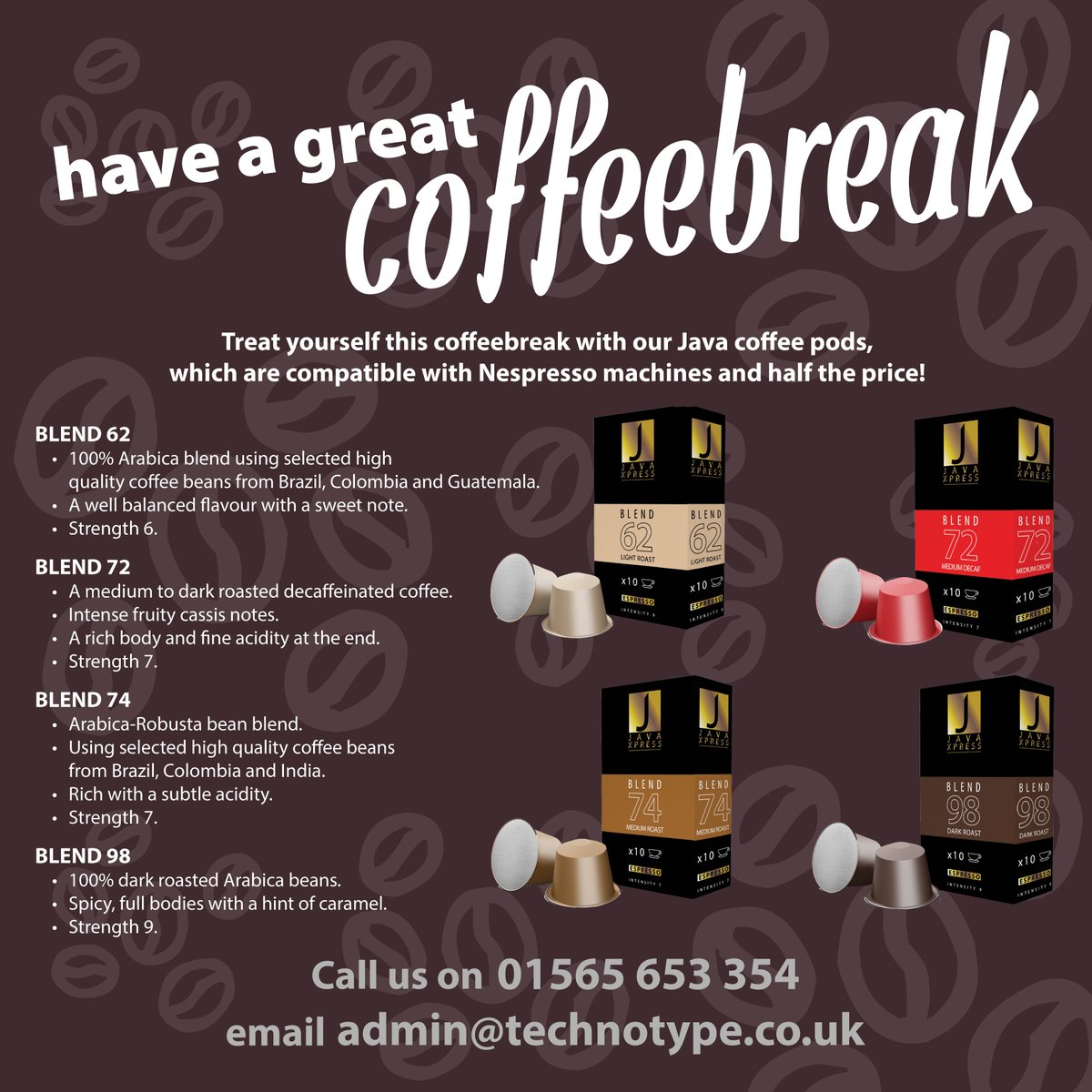 Techno Type (@techno_type) on Twitter photo Did you know…..
….. we do our own range of coffee – Java House – which has many different blends to suit every taste and even has compatible Nespresso machine coffee pods at half the price !!
Contact ✉ admin@technotype.co.uk or ring us on ☏ 01565 653354 Did you know…..
….. we do our own range of coffee – Java House – which has many different blends to suit every taste and even has compatible Nespresso machine coffee pods at half the price !!
Contact ✉ admin@technotype.co.uk or ring us on ☏ 01565 653354