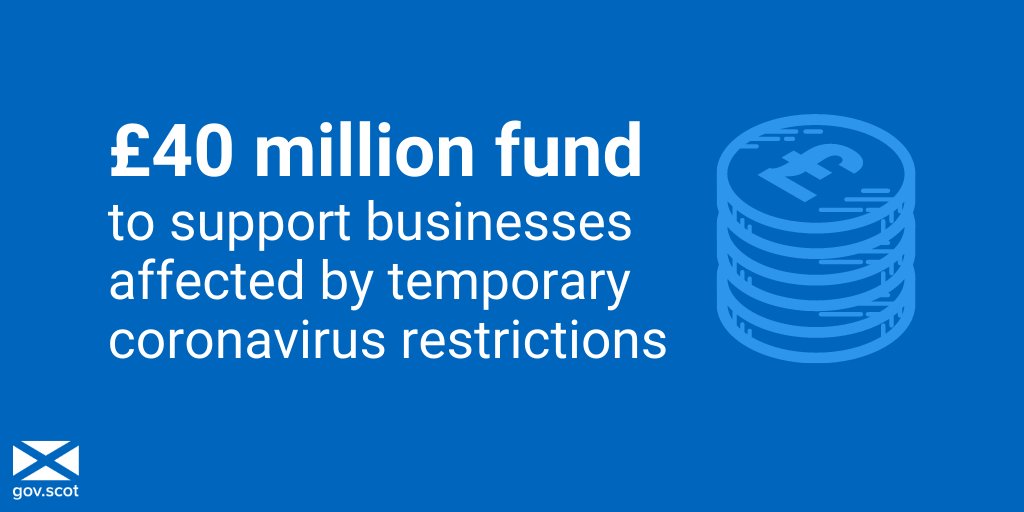 We're taking action to help businesses affected by temporary #coronavirus restrictions.

From Tuesday 20 October, eligible businesses can apply for grants via their local authority. 

Applications will be open for 2 weeks.

Find out more ➡ bit.ly/CovidFundInfo