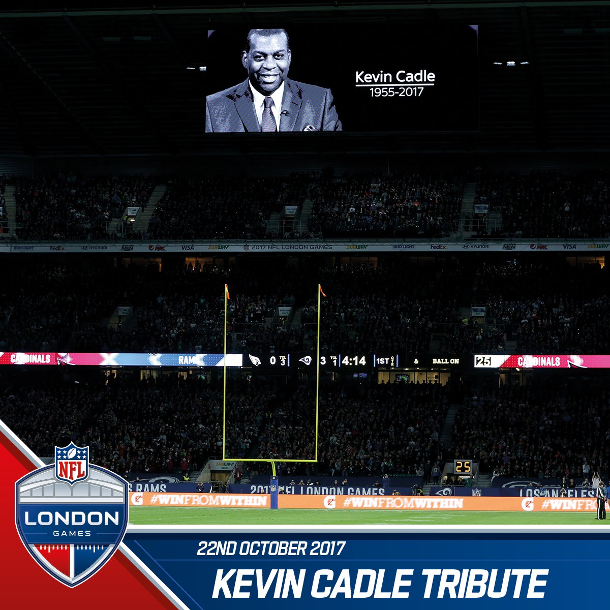 NFLUKIRE's tweet photo. It’s been three years since the great Kevin Cadle passed away.

We’ll never forget the amazing tribute the #NFLUK family gave him at Twickenham. https://t.co/Mqdk1zAn62