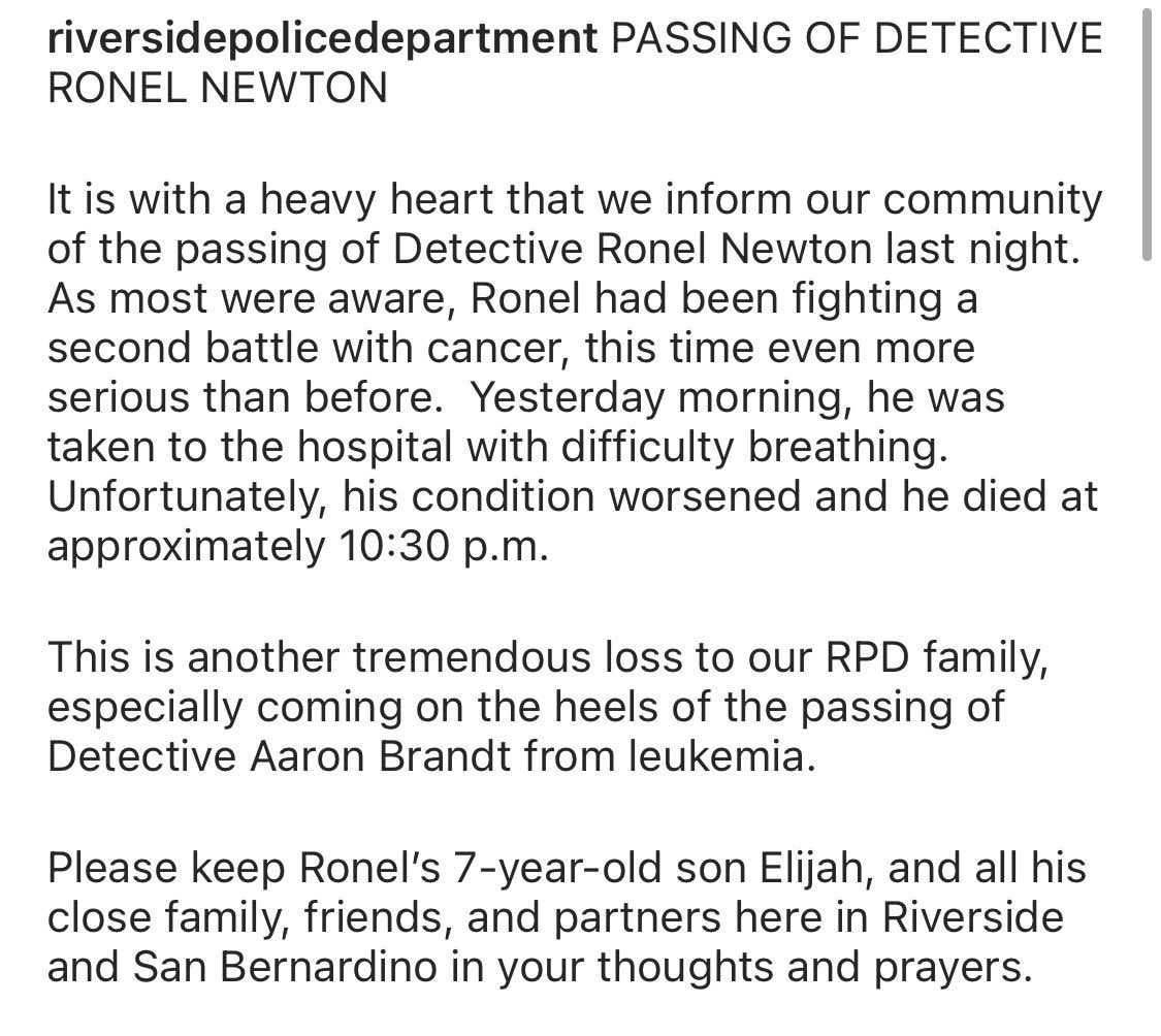SBPD_CHIEF's tweet photo. On behalf of @UplandPD, I extend our sincere condolences to the family, friends and colleagues of @RiversidePolice Detective Ronel Newton, who passed away after battling cancer. We offer our thoughts and prayers during this tragedy. 

#WeAreOne https://t.co/fTba1qpPoP