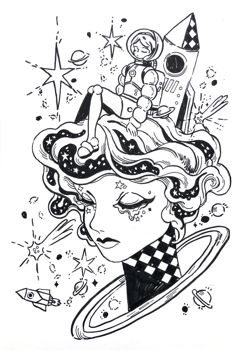 INKTOBER DAY 16. ROCKET- Accompany piece of #15 Outpost.

On the opposite side of the galaxy : Rocket girl, drifting alone with her broken rocket and ship AI. Tired and directionless. #inktober2020 #ArtistOnTwitter
