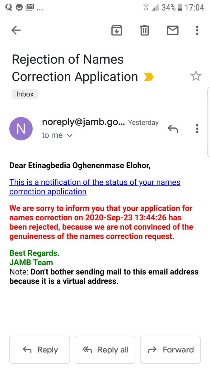 Eduku's tweet photo. @JAMBHQ pls my niece has an issue with her name which she registered with and her request was denied. Pls help!!!!!! https://t.co/DFFblBy09p