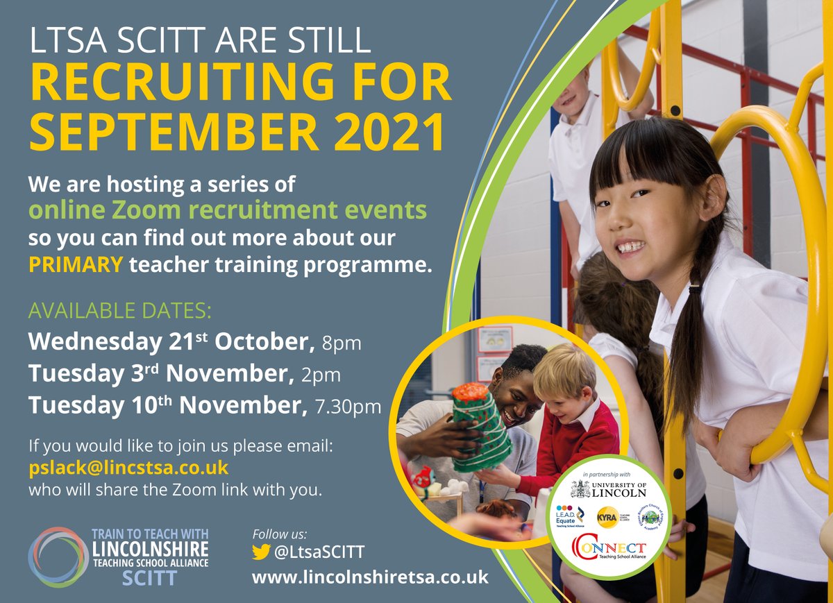 Find out more about our Primary teacher training programme!  Train to Teach events are being held remotely over the next few weeks - please see attached flyer or you can phone 01205 312153 or email enquiries@connect-tsa.net for more information.